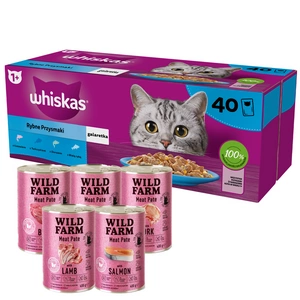 WHISKAS Adult sáčky 40 x 85 g Fishy Treats + WILD FARM Pate 5x400g MIX