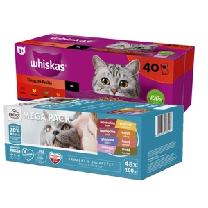 Whiskas Klasické pokrmy kuře hovězí jehně drůbež ve šťávě 40 x 85 g + Frendi sáčky pro kočky s masovou a rybí příchutí v želé 48x100g